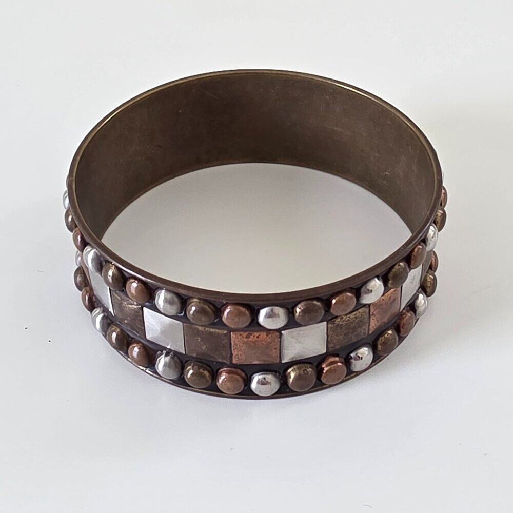 Vintage Wide Mixed Metal Studded Bangle Bracelet Copper Brass Silver One Size - Picture 3 of 11